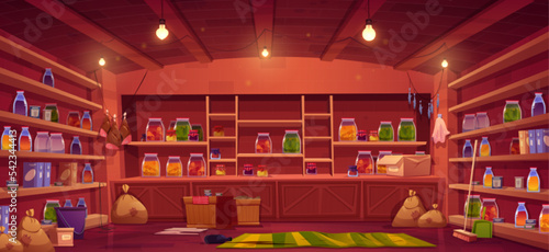 Pantry in house cellar, storage room with food preserves in glass jars and bottles on shelves, crates with vegetables, sacks, broom and bucket. Basement larder interior, vector cartoon illustration