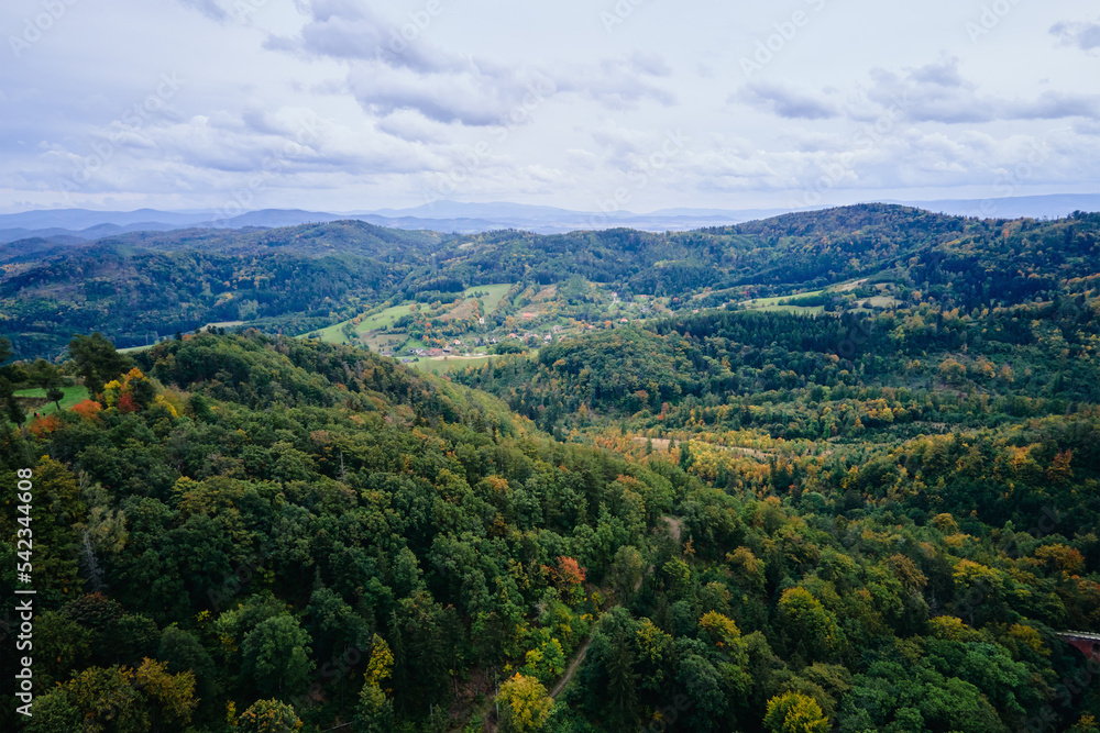 Drone flight over mountains covered with forest at autumn season. Mountain village, aerial view. Beautiful nature landscape