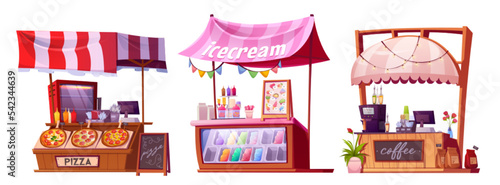 Street food, market stalls, fair booths, wooden kiosk with striped awning, coffee, ice cream and pizza. Wood vendor counter with sunshade for outdoor trading. Retail place isolated cartoon vector set
