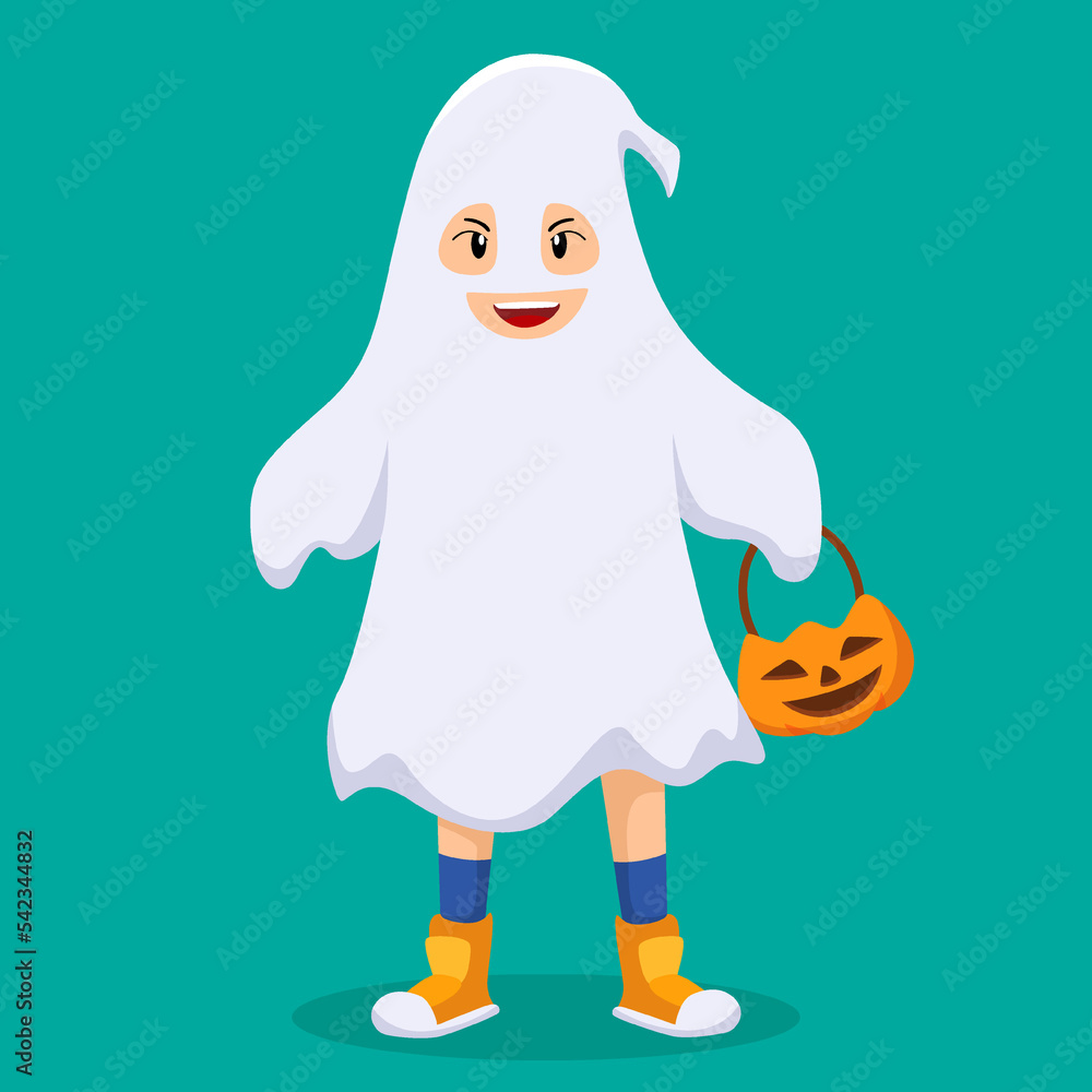 Obraz premium Halloween Little Boy in Ghost Costume Design Flat Illustration