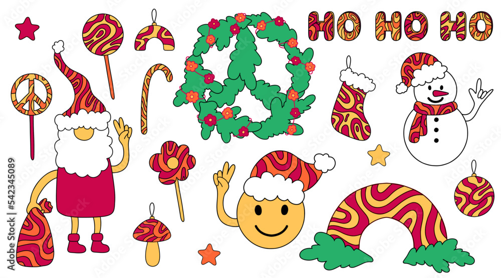 Groovy hippie Christmas stickers with wave pattern: baubles, rainbow, wreath, stars, snowman, smile, santa claus, lollipops, stocking