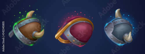 Viking helmets game props icons, medieval war hats with horns, scandinavian warrior armor, metal barbarian headwear with magic glowing sparks isolated ui rpg game design elements Cartoon vector assets