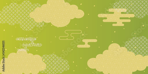 緑と金の和柄の雲の背景素材