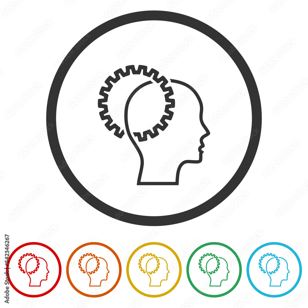 Thinking process icon. Head with gears line. Set icons in color circle buttons Thinking process icon. Head with gears line. Set icons in color circle buttons