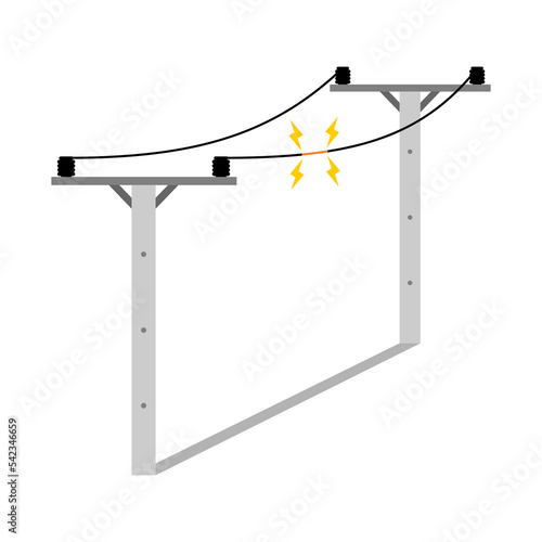 Broken electric wire of high power voltage pole is damaged and short circuit spark cause danger electrocution risk on white background flat vector design.