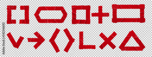 Red glued tape patches signs set. Tick mark, arrow, cross and triangle, rectangle, plus shapes. Adhesive plaster symbols or elements isolated on transparent background Realistic 3d vector illustration