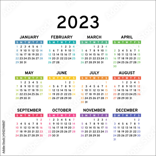 Calendar 2023. Multi color calender. Colorful design template