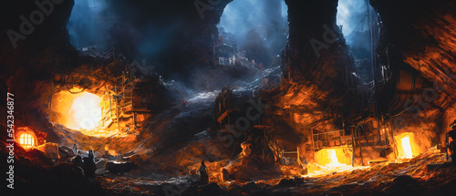 Artistic concept painting of a gold mine in cave, background illustration.