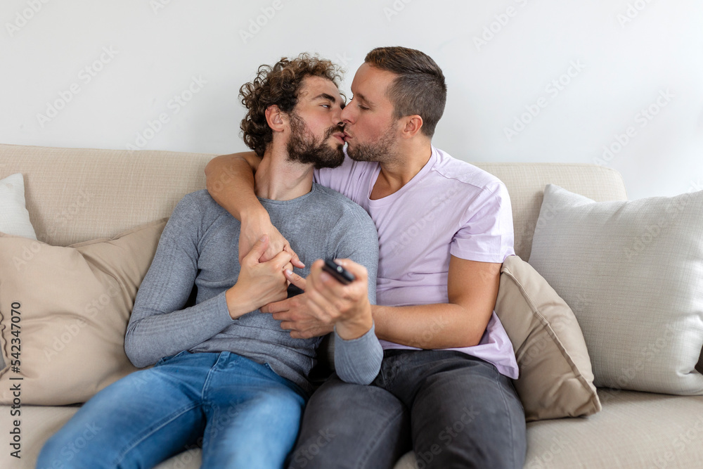 Young homosexual couple relaxing on sofa in the living room, embracing and enjoying while watching TV Young homosexual couple relaxing on sofa in the living room, embracing and enjoying while watching TV