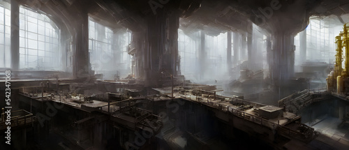 Artistic concept illustration of a futuristic control room of power plant, background illustration.