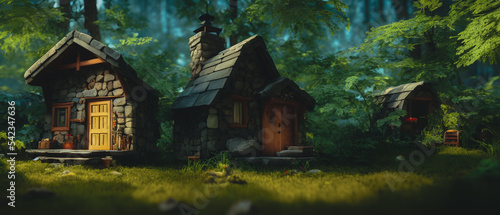 Artistic concept illustration of a beautiful house in the forest, background illustration.