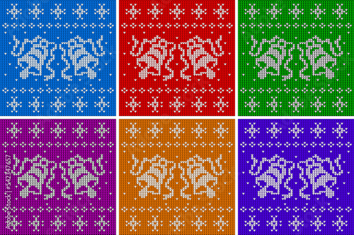 New year banners. Knitted texture sweater with two bells. Seamless pattern set. Christmas jumper background. Vector illustration
