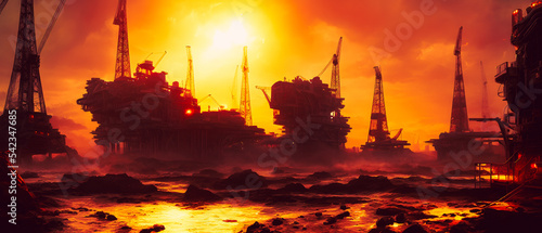 Artistic concept illustration of a oil rig construction, background illustration.
