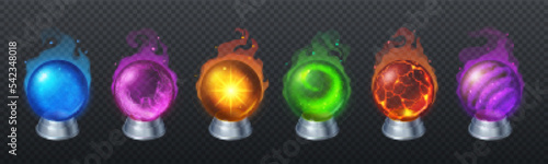 Magic crystal balls, fortune teller globes, oracle and halloween wizard glass spheres. Glowing orbs with magical lights and mystery glow isolated on transparent background, Realistic vector 3d set