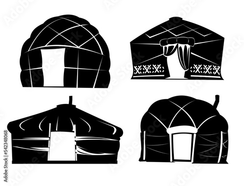 Set of Yurt in tundra. Silhouette design. Dwelling of northern nomadic peoples in Arctic. From felt and skins. Isolated on white background. Illustration vector.