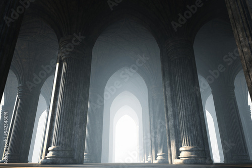 A huge empty hall with columns in the Gothic style. 3d illustration