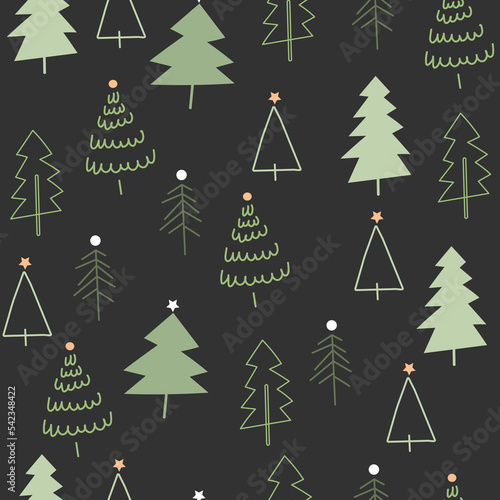 Winter forest background. Seamless pattern for winter and christmas theme. Hand drawn Doodle christmas tree. Background, Wallpaper, wrapping paper templates. Vector illustrations. 