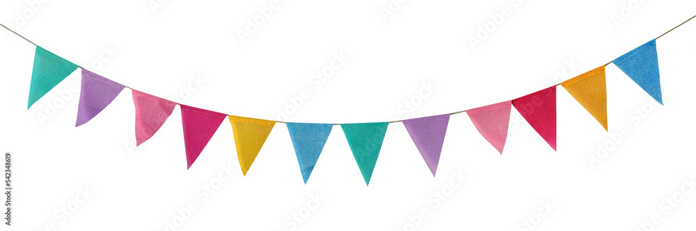 Carnival garland with flags isolated on white background. Decorative colorful pennants for birthday celebration, festival and bright decoration. - obrazy, fototapety, plakaty 