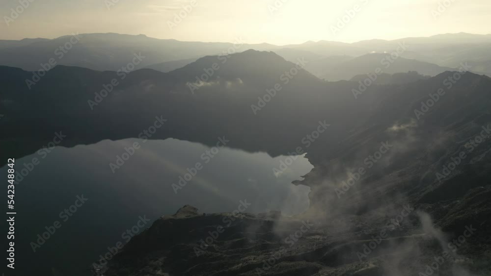 Golden Sunrise, Aerial Above Quilotoa Crater Lake, Still Water Reflex, Ecuador, Drone Fly The Andes Volcano, Popular South American Hiking Destination Golden Sunrise, Aerial Above Quilotoa Crater Lake, Still Water Reflex, Ecuador, Drone Fly The Andes Volcano, Popular South American Hiking Destination
