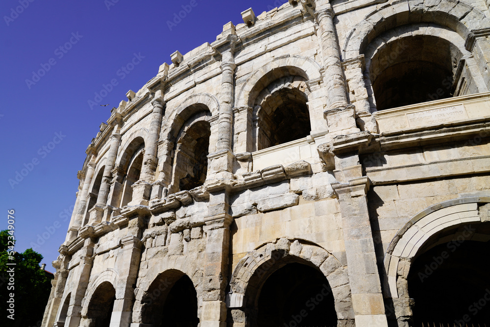 Exterior detail of Arena of Nimes ancient Roman amphitheater in france