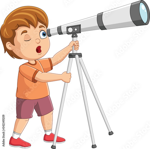 Cartoon little boy looking through a telescope