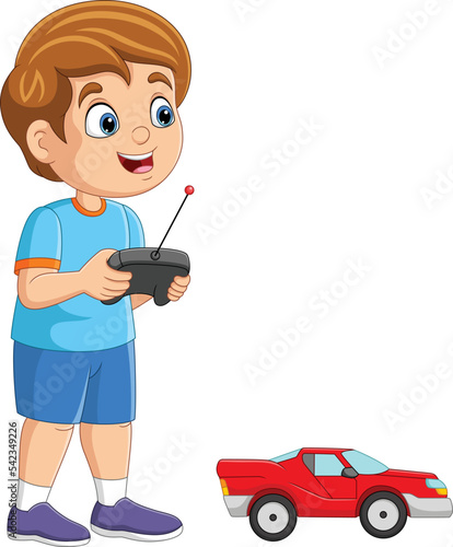 Cartoon little boy playing with a remote control car