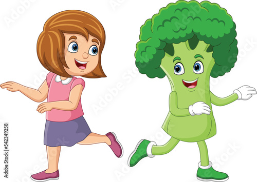 Cartoon little girl with with broccoli mascot character