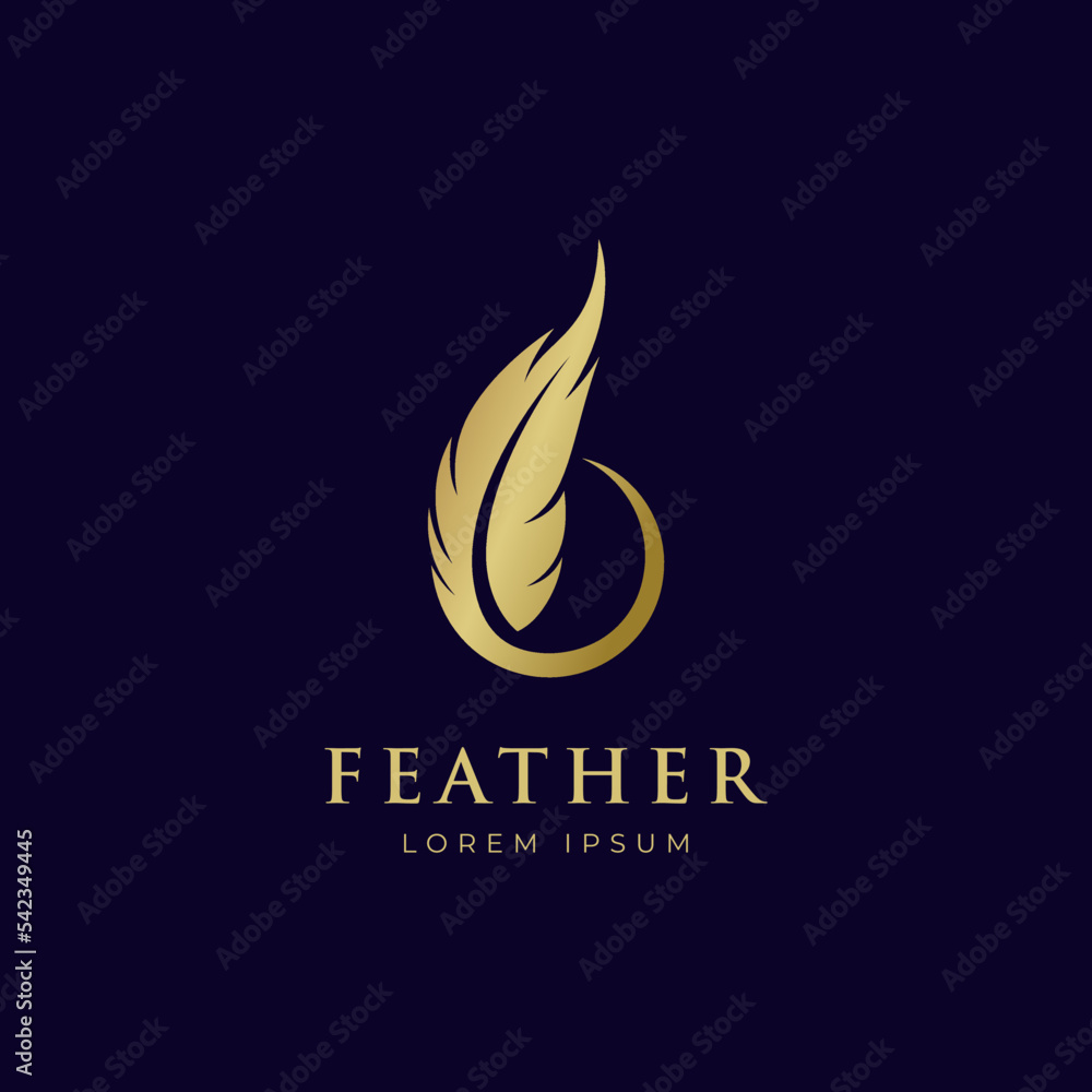 Obraz premium golden feather luxury logo design. golden quill signature logo template vector icon, Lawyer Law firm Logo design Feather Quill symbol