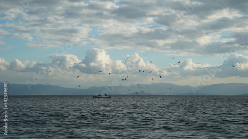 Fisherman hunting alone on a cloudy and cloudy day and a flock of seagulls surrounding him
