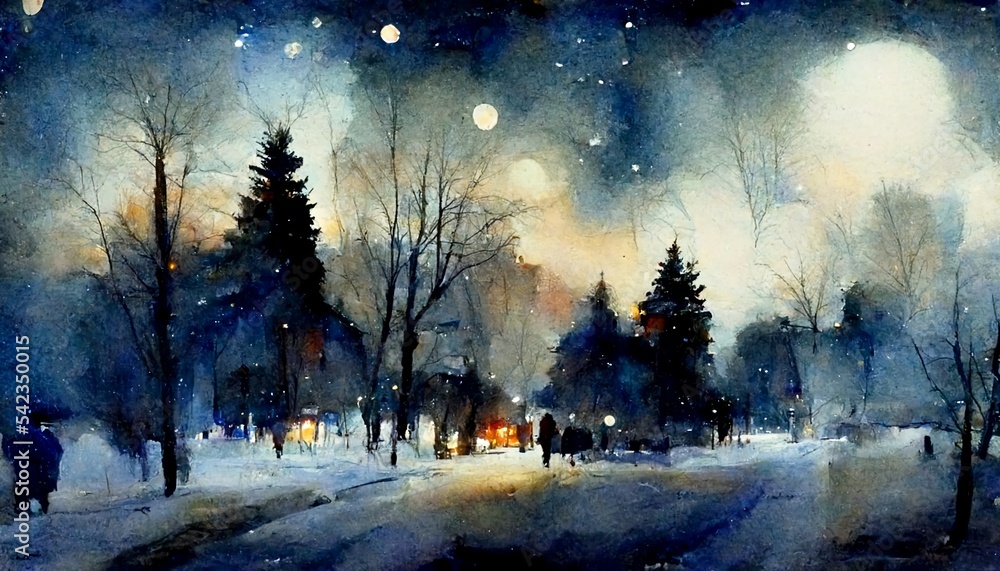 Snowy winter nights on Blurred background, watercolor painting of surreal and beautiful winter landscape