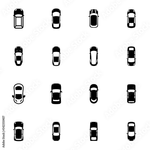 Car Top View Icons Set. Outline cars top view. Cars Silhouettes. Cars in the parking lot, Parking icon