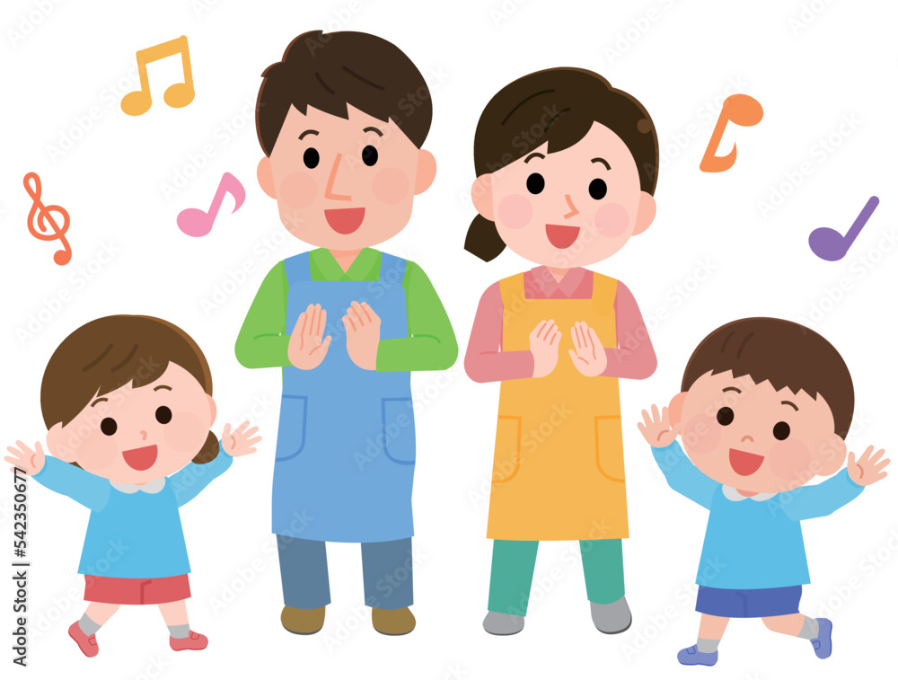 お遊戯で楽しそうに踊る園児と保育士 イラスト お遊戯で楽しそうに踊る園児と保育士 イラスト