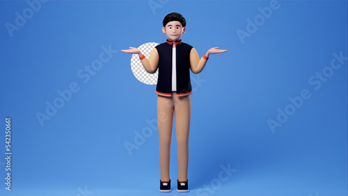 Casual man cartoon character Nervous unsure doubtful make decision shrugging pointing sideways frowning upset standing insecure feel pressure cannot decide choice make, 3d render blue backdrop