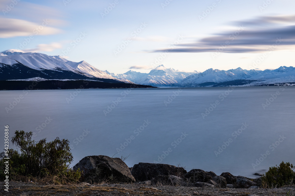 Panoramic view of Lake Pukaki with Mt Cook and Southern Alps in the distance, South Island.