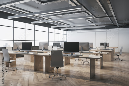 Contemporary concrete coworking office interior with wooden flooring  window and city view  furniture and equipment. 3D Rendering.