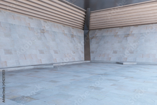 Perspective view on blank stone tiles floor for your product presentation in empty space with grey walls background. 3D rendering, mock up © Who is Danny