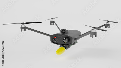 3d image, 3d render of a quadrocopter with a bomb suspended from it on a white background. Weapons of modern warfare, technological warfare concept.