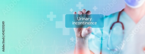 Urinary incontinence. Doctor holds virtual card in hand. Medicine digital