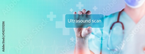 Ultrasound scan (sonogram). Doctor holds virtual card in hand. Medicine digital