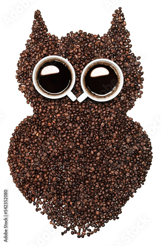 Lots of roasted coffee beans and coffee cups in a shape of an owl