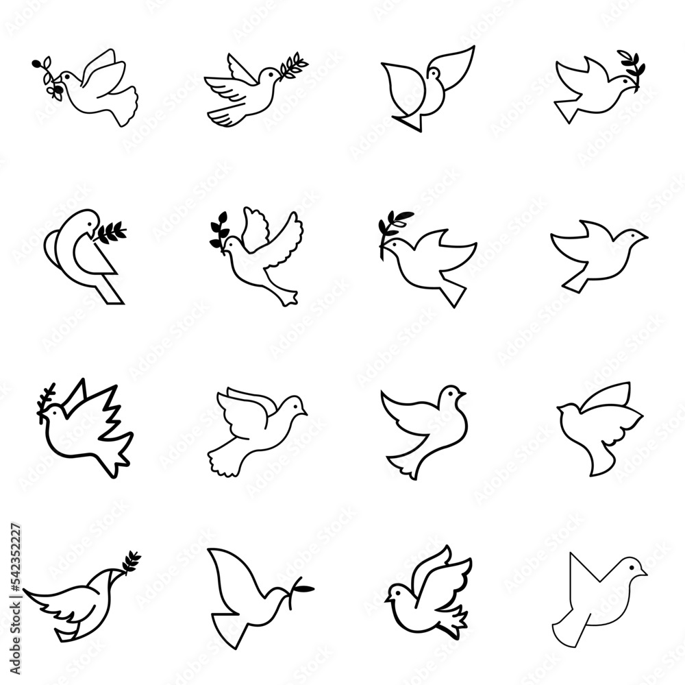 Dove of peace icon collection. Flying dove holding an olive branch as a
