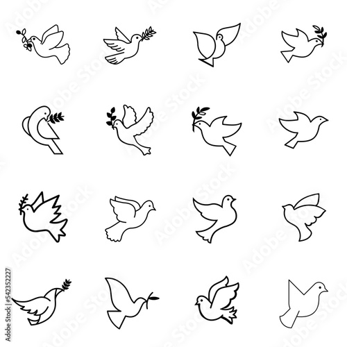 Dove of peace icon collection. Flying dove holding an olive branch as a sign of peace line art vector icon for apps and websites. Dove of peace icon. Flying bird. Peace concept.