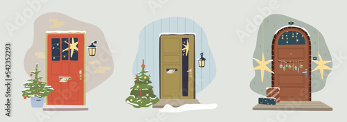 Set ith X-Mas decorated home front doors. Christmas tree by the house door with Wreath and Deco for party. Postcard, invitation or poser for new year and Merry Christmas.
