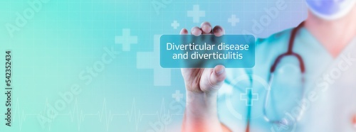 Diverticular disease and diverticulitis. Doctor holds virtual card in hand. Medicine digital