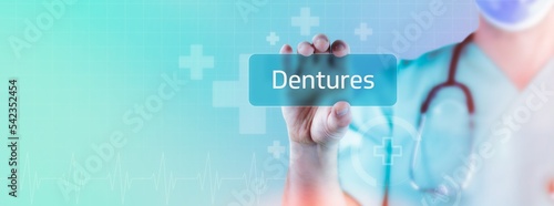 Dentures (false teeth). Doctor holds virtual card in hand. Medicine digital