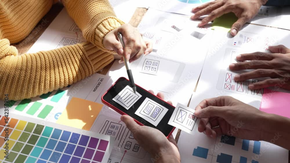 ux Graphic designer creative sketch planning application process development prototype wireframe for web mobile phone . User experience concept.