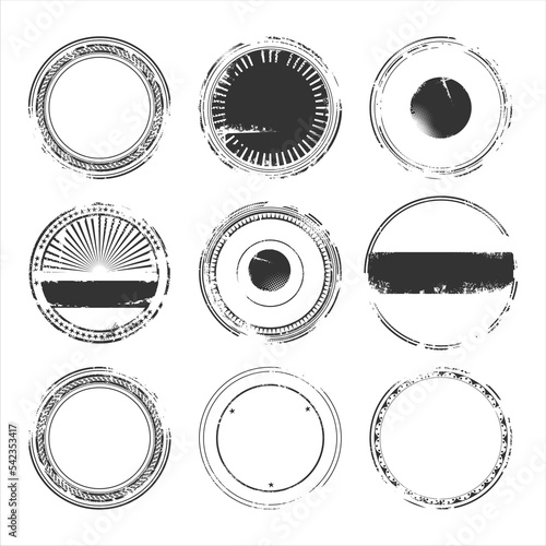 Collection of black round stamp grunge ink rubber labels sign isolated on white background 