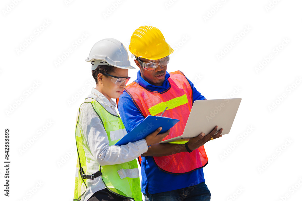 Female foreman safety vest using clipboard checklist and Worker man in hardhat holding laptop for control loading containers box from cargo Female foreman safety vest using clipboard checklist and Worker man in hardhat holding laptop for control loading containers box from cargo