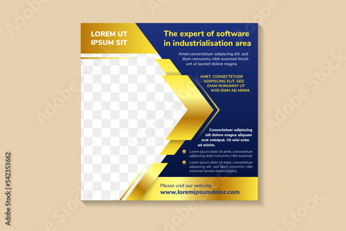 the expert of software in industrialisation area Banner design Template, Social Media Post with gold gradient arrow elements and blue background. half Hexagon shape as space for photo collage.