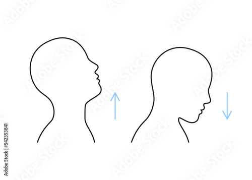 Exercise on stretch muscles of neck, raise and lower head, line sign. Active gymnastics, extension up and down for pain syndrome during break. Healthy yoga and relaxation. Vector outline illustration